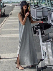 Beautiful sleeveless side open cotton summer Tunics gray Maxi Dress - SooLinen
