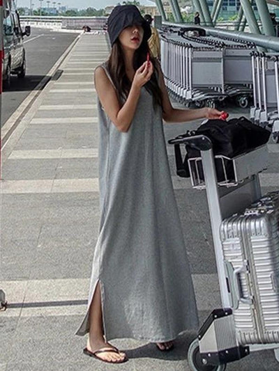 Beautiful sleeveless side open cotton summer Tunics gray Maxi Dress - SooLinen