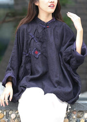 Beautiful stand collar Batwing Sleeve Tunic Cotton navy shirts - SooLinen