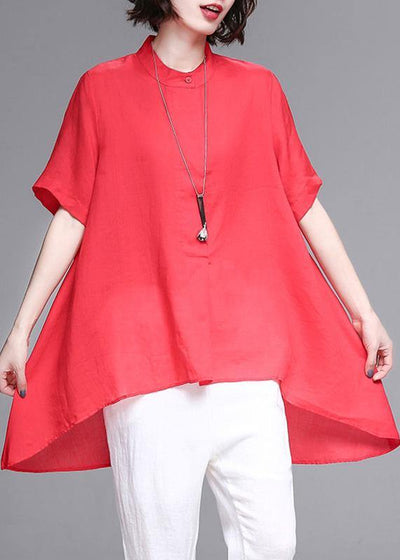 Beautiful stand collar asymmetric cotton women red box blouse summer - SooLinen