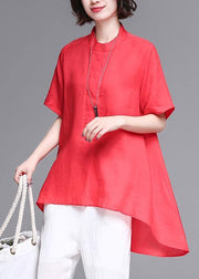 Beautiful stand collar asymmetric cotton women red box blouse summer - SooLinen