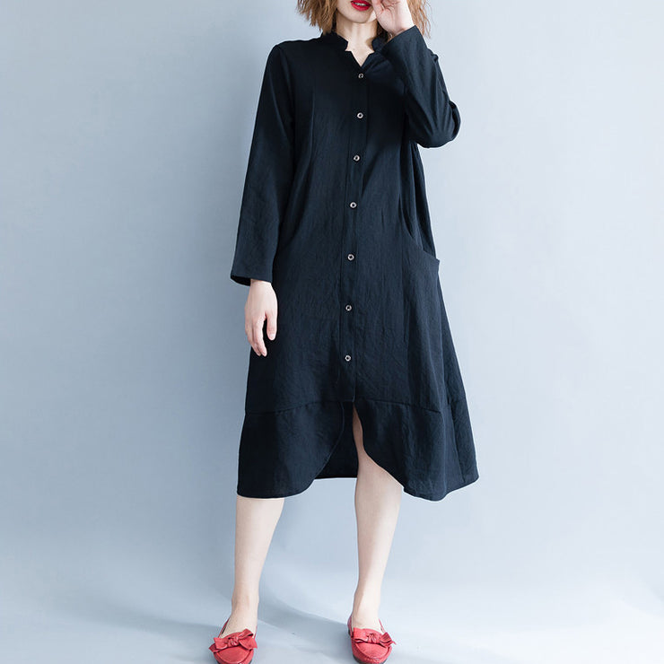 Schöne Tuniken aus Baumwolle mit Stehkragen, lässige Kleiderschränke, schwarzes, übergroßes Kleid