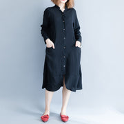 Schöne Tuniken aus Baumwolle mit Stehkragen, lässige Kleiderschränke, schwarzes, übergroßes Kleid