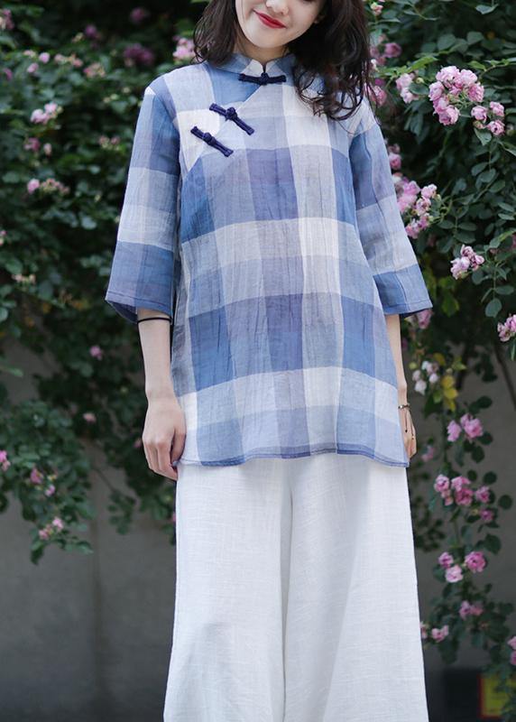 Beautiful stand collar linen top silhouette Sewing blue plaid tops - SooLinen