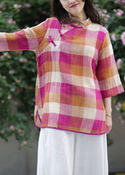 Beautiful stand collar linen top silhouette Sewing blue plaid tops - SooLinen