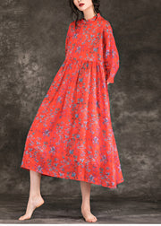 Schöner Stehkragen Cinched Leinenkleidung für Frauen plus Größe Online-Shopping rot bedruckte lange Kleider Sommer