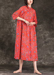 Schöner Stehkragen Cinched Leinenkleidung für Frauen plus Größe Online-Shopping rot bedruckte lange Kleider Sommer