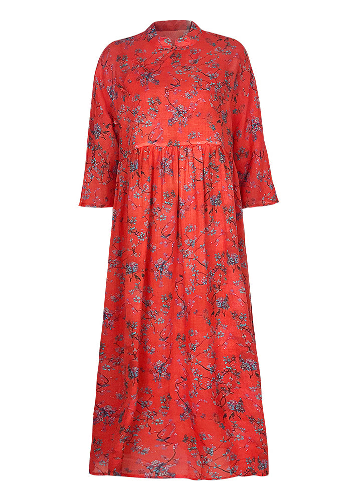 Beautiful stand collar Cinched linen clothes For Women plus size Online Shopping red print long Dresses Summer