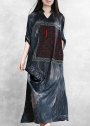 Beautiful v neck asymmetric clothes dark gray print Dresses - SooLinen