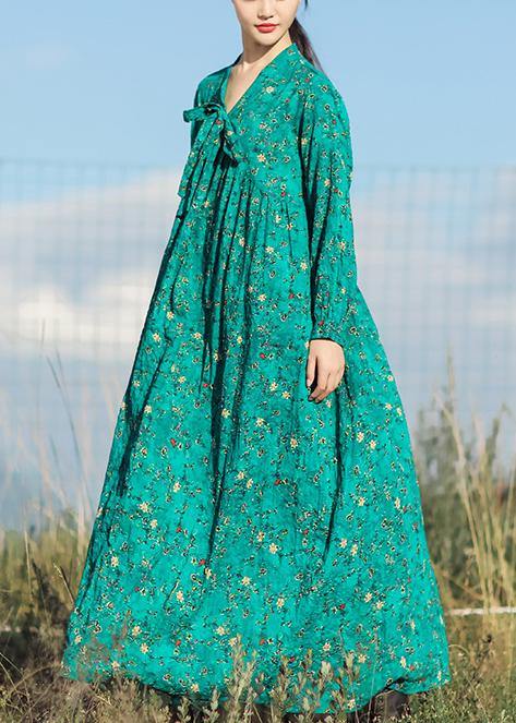 Beautiful v neck long sleeve linen clothes For Women Runway green print Dresses summer - SooLinen