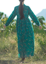 Beautiful v neck long sleeve linen clothes For Women Runway green print Dresses summer - SooLinen