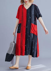 Beautiful v neck patchwork tunic dress Runway red Maxi Dresses summer - SooLinen