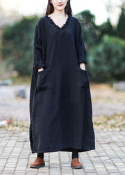 Beautiful v neck pockets fall clothes For Women Outfits black Kaftan Dress - SooLinen