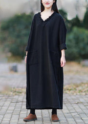 Beautiful v neck pockets fall clothes For Women Outfits black Kaftan Dress - SooLinen