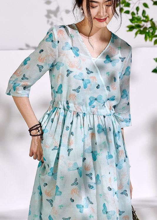 Beautiful v neck Cinched linen summer Robes Inspiration light blue print Dress - SooLinen