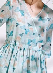 Beautiful v neck Cinched linen summer Robes Inspiration light blue print Dress - SooLinen