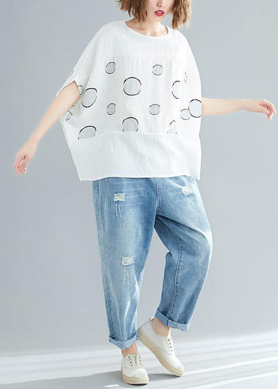 Beautiful white dotted cotton linen tops women plus size design o neck Batwing Sleeve short Summer tops - SooLinen