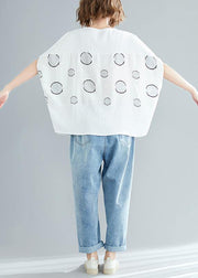 Beautiful white dotted cotton linen tops women plus size design o neck Batwing Sleeve short Summer tops - SooLinen