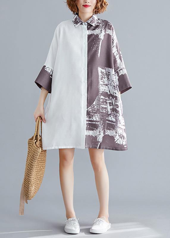 Beautiful white patchwork Cotton Tunics lapel collar A Line summer shirt Dress - SooLinen
