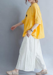 Beautiful yellow o neck linen cotton clothes For Women Shirts half sleeve summer blouses - SooLinen
