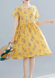 Beautiful yellow print Cotton Tunics o neck drawstring summer Dresses - SooLinen