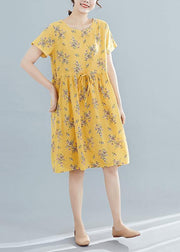 Beautiful yellow print Cotton Tunics o neck drawstring summer Dresses - SooLinen