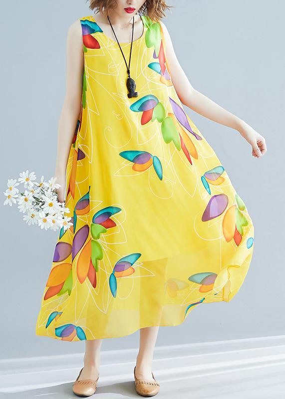 Beautiful yellow print chiffon Robes Korea Tutorials o neck false two pieces long Summer Dress - SooLinen