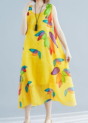 Beautiful yellow print chiffon Robes Korea Tutorials o neck false two pieces long Summer Dress - SooLinen