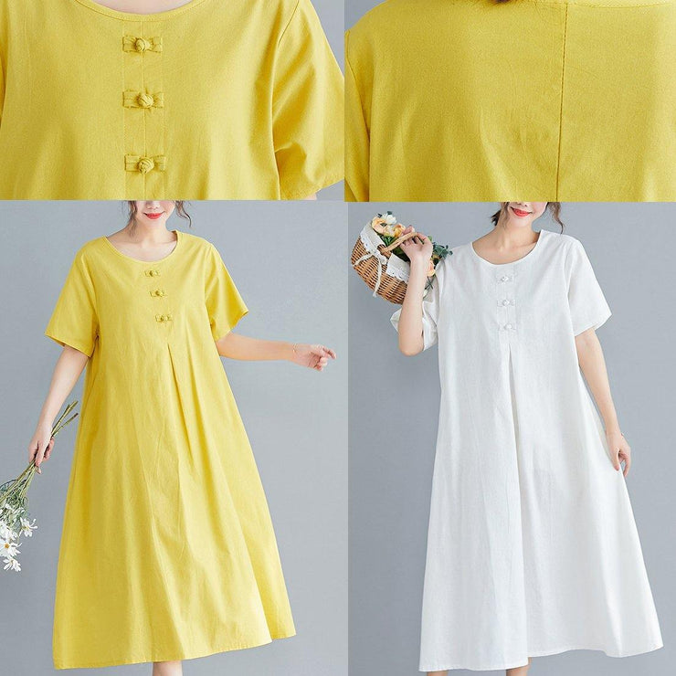 Beautiful yellow solid color cotton tunics for women o neck long summer Dress - SooLinen