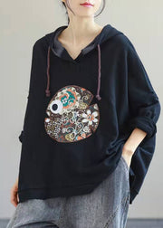 Beautiful Navy Hooded Drawstring Embroidered Fall Side Open Sweatshirts Top