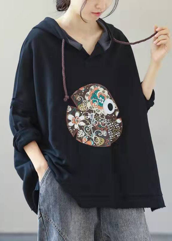 Beautiful Navy Hooded Drawstring Embroidered Fall Side Open Sweatshirts Top