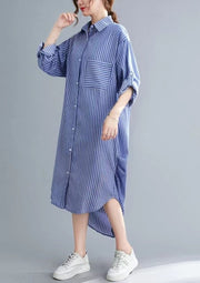 Beautiful nude white striped linen clothes For Women Korea Sewing side open Dresses lapel collar Dresses