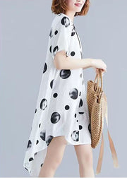 Schöne weiß gepunktete Leinenkleider, Leinen Stehkragen Tunika Sommerkleider zu bekommen