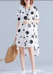 Schöne weiß gepunktete Leinenkleider, Leinen Stehkragen Tunika Sommerkleider zu bekommen
