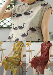 Beige Animal Print Patchwork Linen Dress Stand Collar Summer