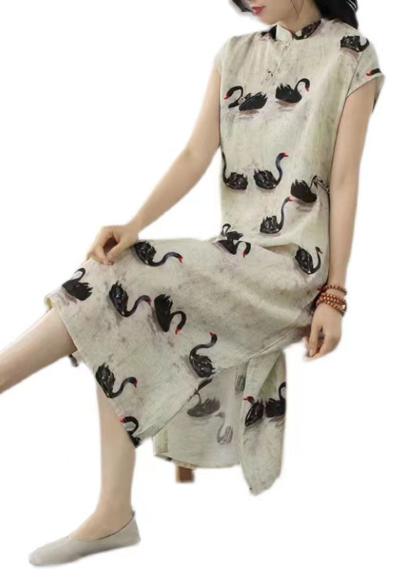 Beige Animal Print Patchwork Linen Dress Stand Collar Summer