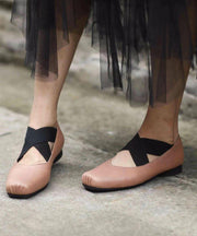 Beige Ballet Flats Shoes Cowhide Leather Boutique Cross Strap Ballet Flats Shoes - SooLinen