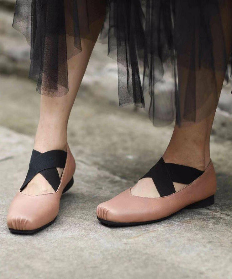 Beige Ballet Flats Shoes Cowhide Leather Boutique Cross Strap Ballet Flats Shoes - SooLinen