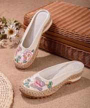 Beige Butterfly Embroidered Splicing Linen Fabric Slide Sandals Women