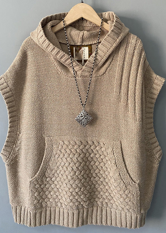 Beige Cable Cotton Knit Hoodie Waistcoat Spring