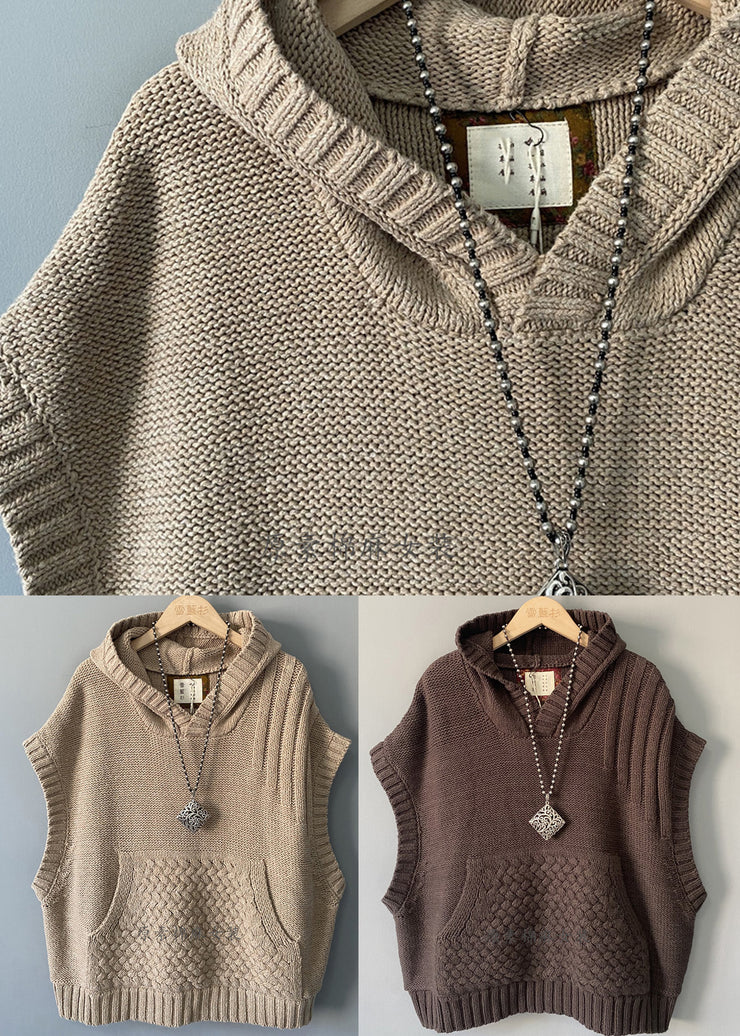 Beige Cable Cotton Knit Hoodie Waistcoat Spring