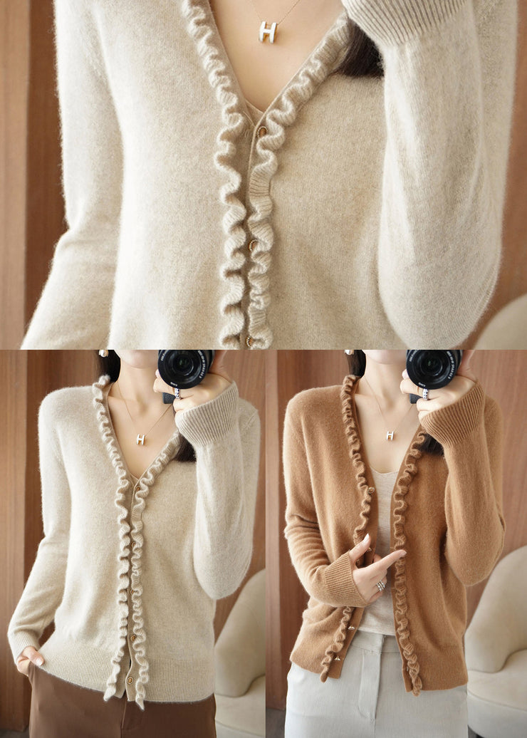 Beige Camel Colour Button Thick Cashmere Knit CardigansLong Sleeve
