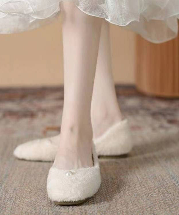 Beige Comfortable Versatile Fuzzy Fur Fluffy Flat Feet Shoes