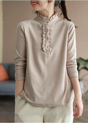 Beige Cotton Blouses Stand Collar Wrinkled Spring