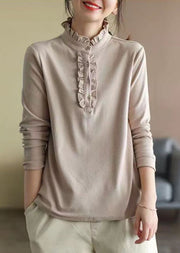Beige Cotton Blouses Stand Collar Wrinkled Spring