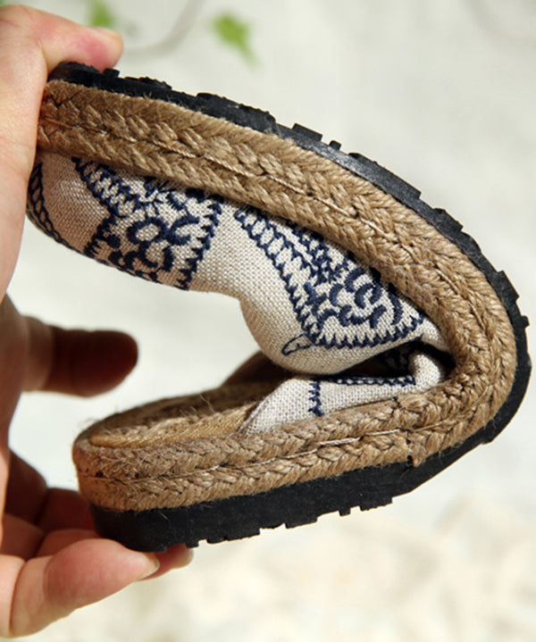 Beige Cotton Fabric Comfy Embroidered Slide Sandals
