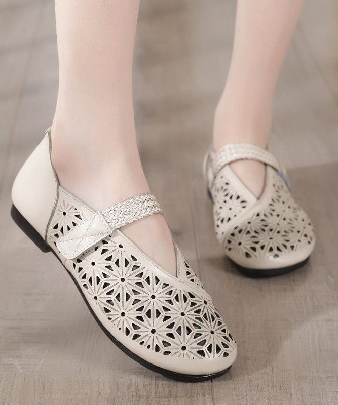 Beige Cowhide Leather Hollow Out Splicing Flat Feet Shoes