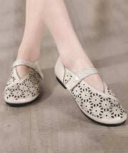 Beige Cowhide Leather Hollow Out Splicing Flat Feet Shoes