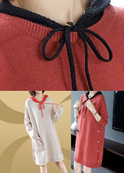 Beige Drawstring Thick Hooded Knit Woolen Sweater Dress Fall