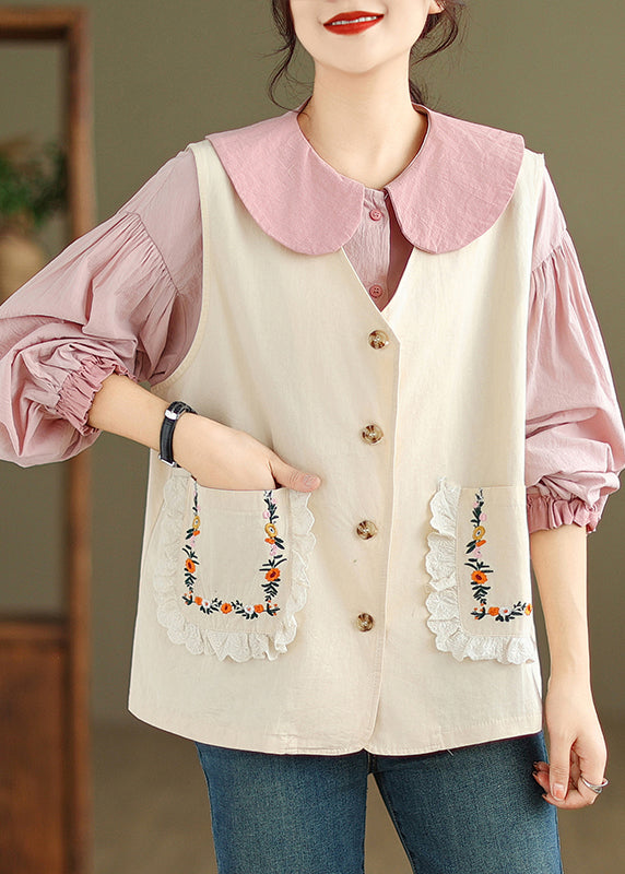 Beige Embroidered Button Cotton Two Pieces Set V Neck Sleeveless